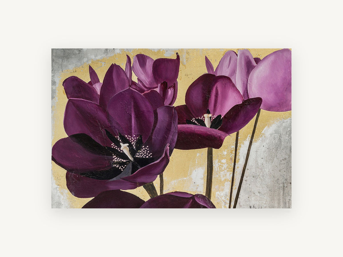 Plum Tulips on Gold, floral canvas wall art print, front view