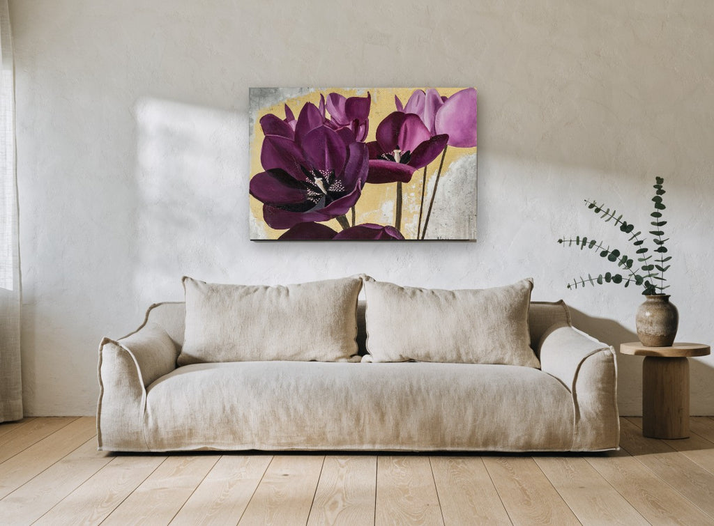 Plum Tulips on Gold floral canvas print on the wall of a living room
