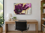 Plum Tulips on Gold floral canvas print on the wall of a study