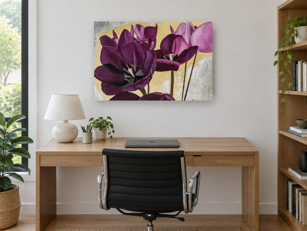 Plum Tulips on Gold floral canvas print on the wall of a study