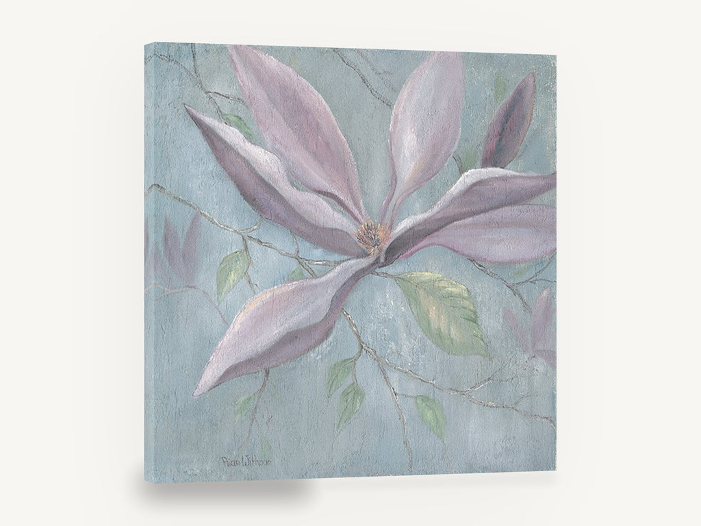 Dusky Magnolia Bloom, purple magnolia flower painting blue, floral canvas wall art print ready to hang