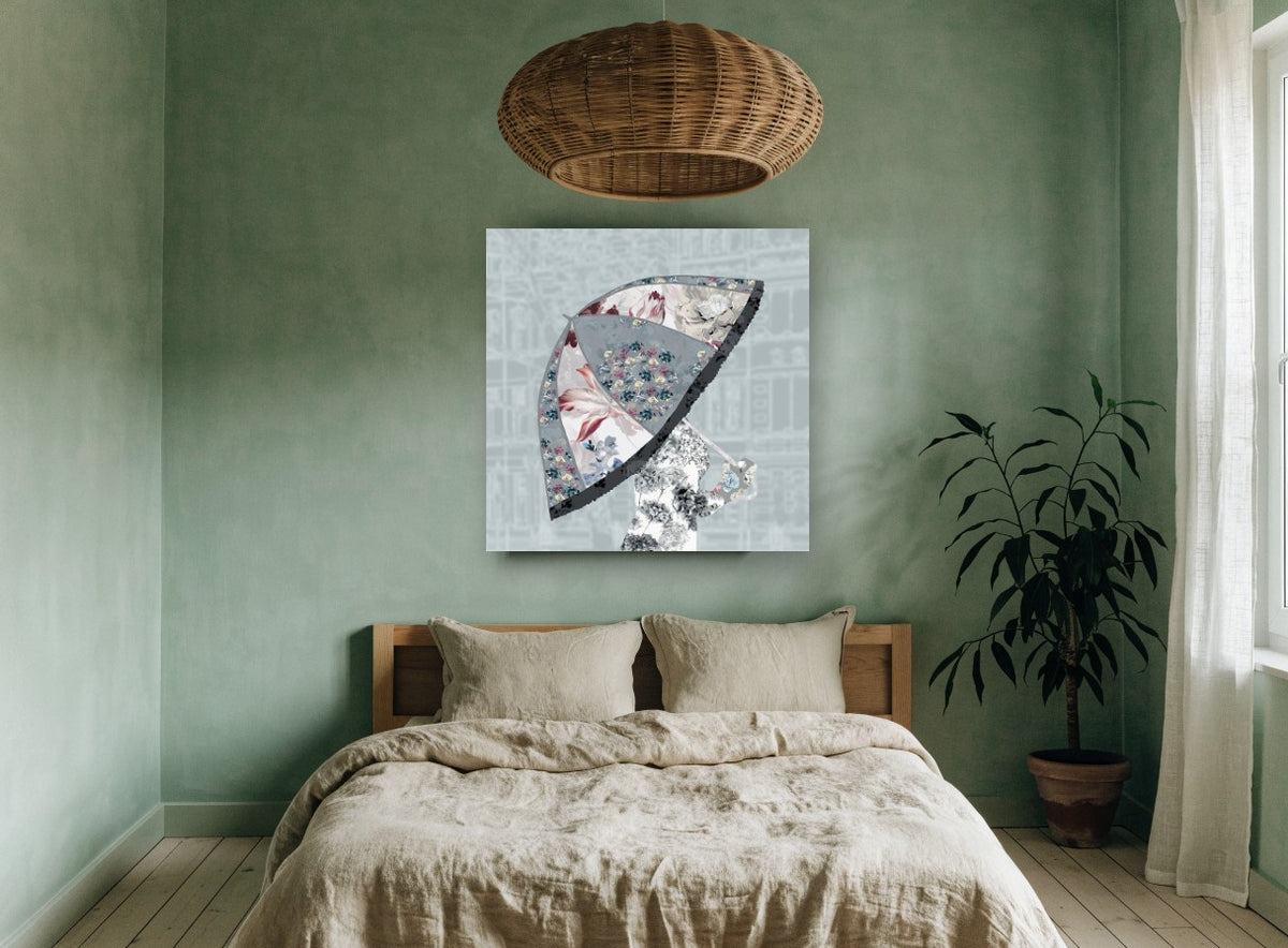 Floral Umbrella Silhouette floral canvas print on the wall of a bedroom