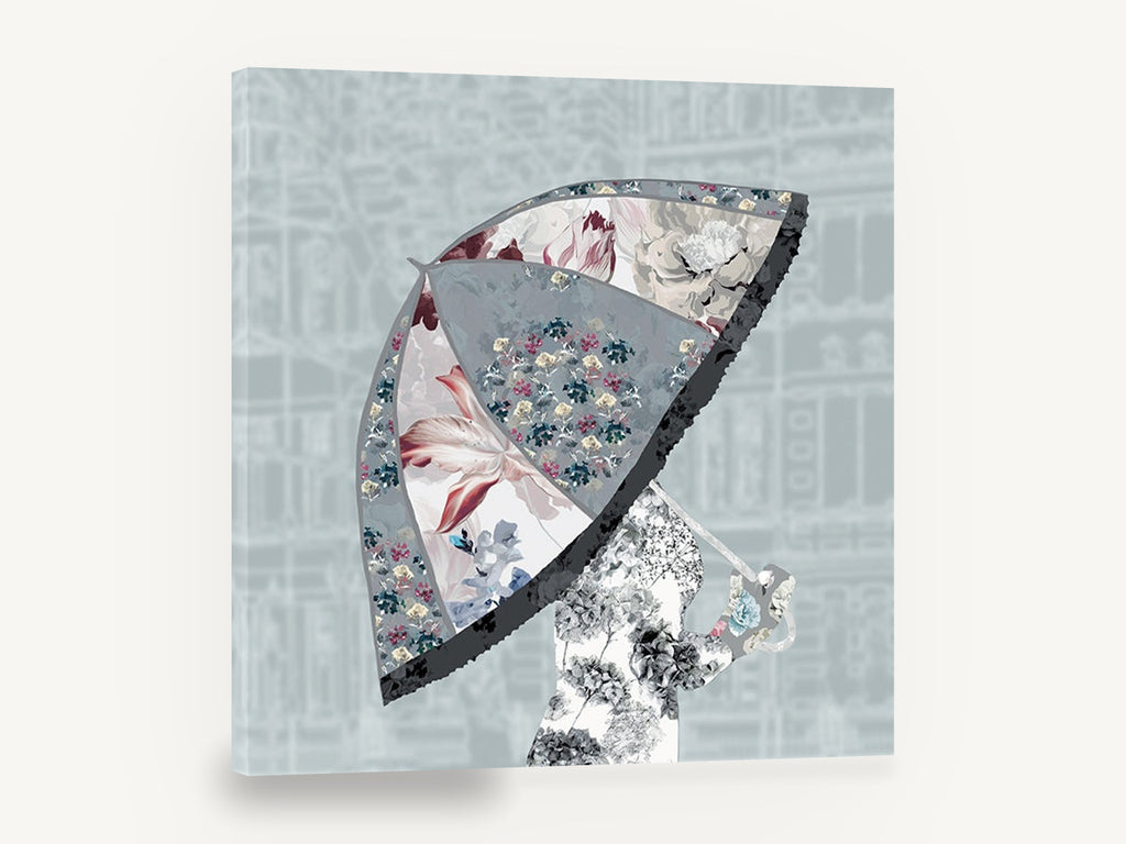 Floral Umbrella Silhouette, floral umbrella figure illustration grey, floral canvas wall art print ready to hang
