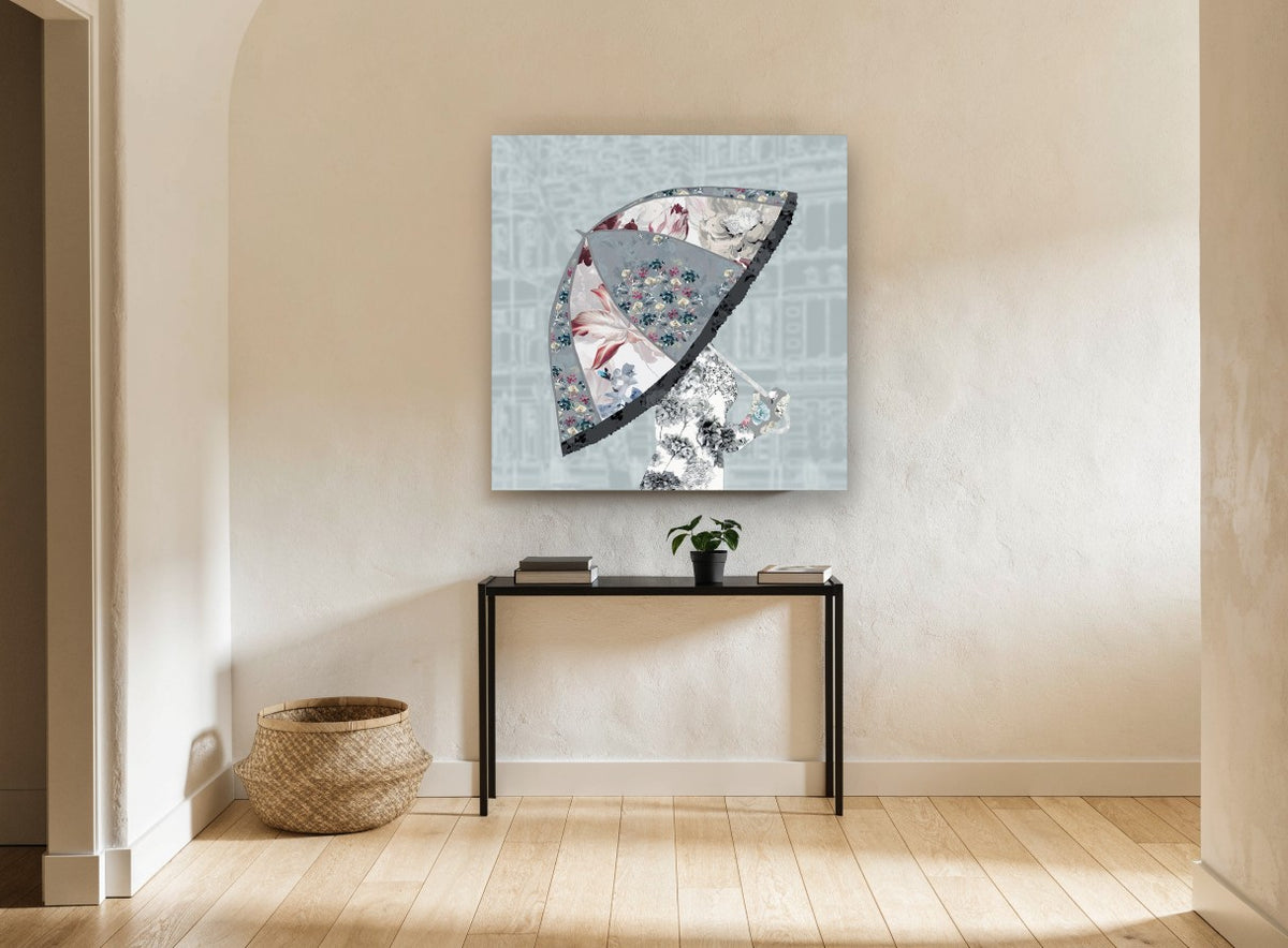 Floral Umbrella Silhouette floral canvas print on the wall of a hallway