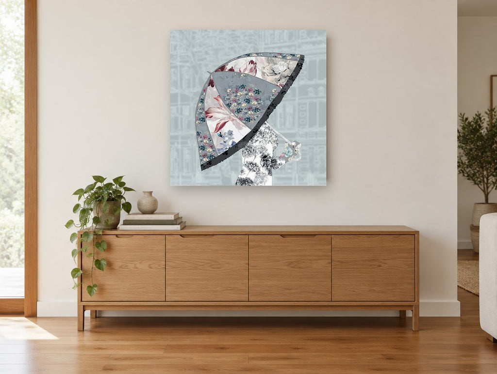 Floral Umbrella Silhouette floral canvas print on the wall of a living room above a sideboard