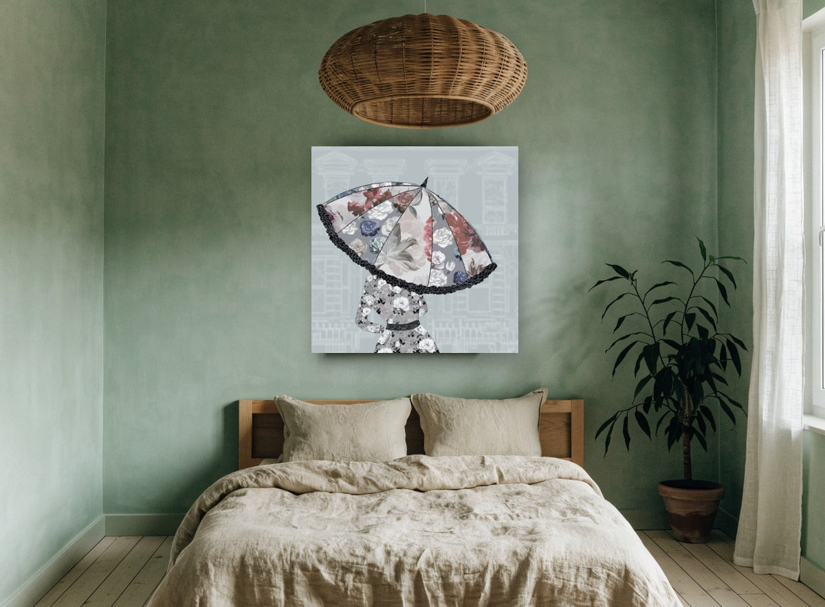 Blooming Parasol floral canvas print on the wall of a bedroom