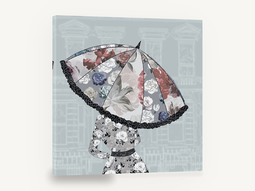 Blooming Parasol, floral umbrella woman illustration, floral canvas wall art print ready to hang