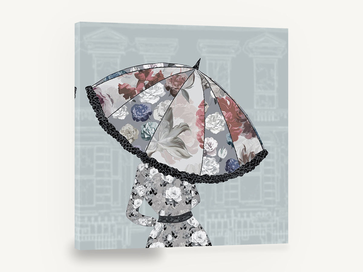Blooming Parasol, floral umbrella woman illustration, floral canvas wall art print ready to hang
