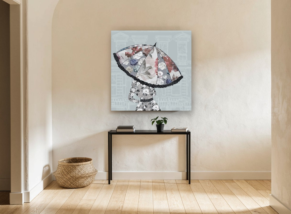 Blooming Parasol floral canvas print on the wall of a hallway