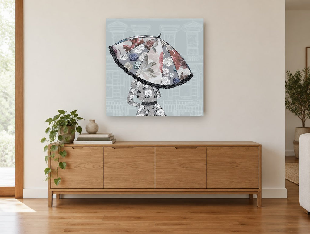 Blooming Parasol floral canvas print on the wall of a living room above a sideboard