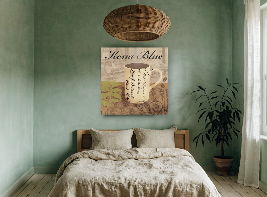 Kona Blue Coffee Mug floral canvas print on the wall of a bedroom