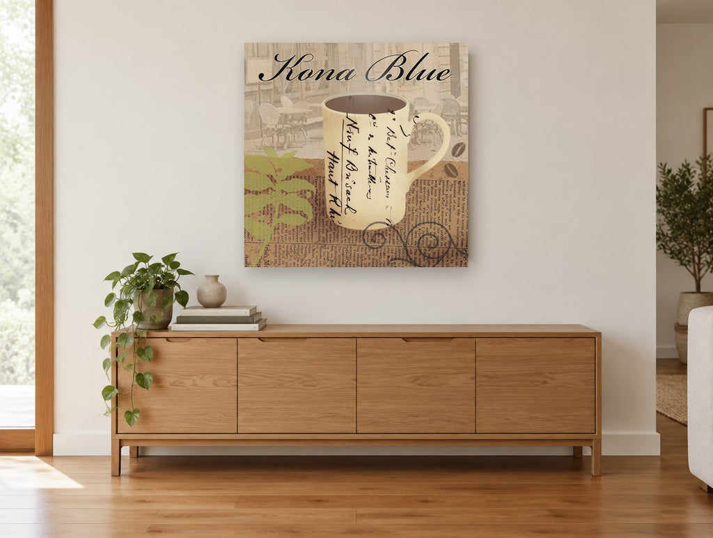 Kona Blue Coffee Mug floral canvas print on the wall of a living room above a sideboard