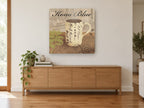 Kona Blue Coffee Mug floral canvas print on the wall of a living room above a sideboard