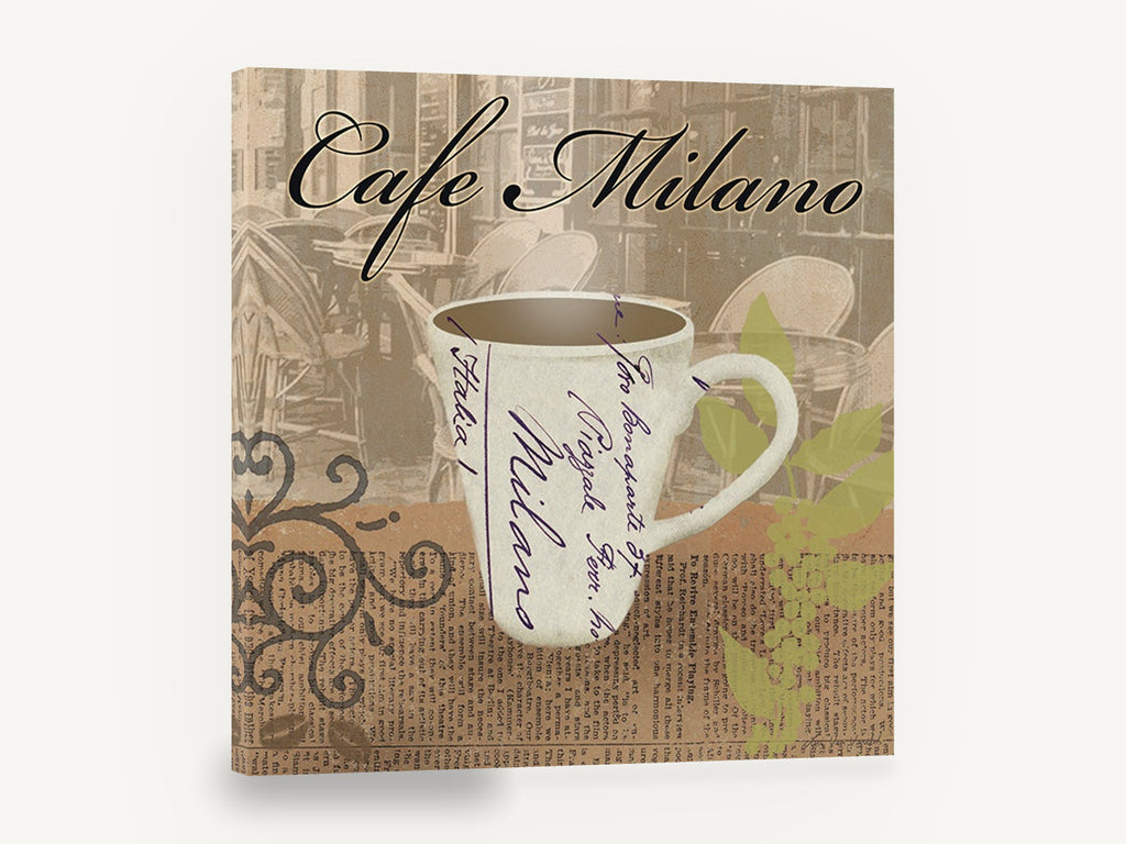 Milano Coffee Cup Collage, cafe milano coffee cup typography, floral canvas wall art print ready to hang