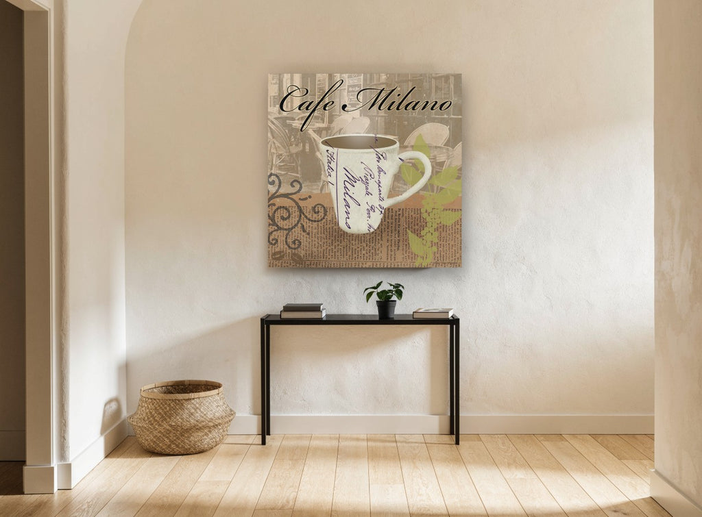 Milano Coffee Cup Collage floral canvas print on the wall of a hallway