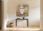 Milano Coffee Cup Collage floral canvas print on the wall of a hallway