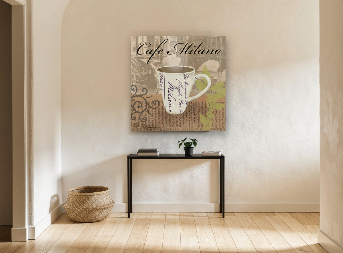 Milano Coffee Cup Collage floral canvas print on the wall of a hallway