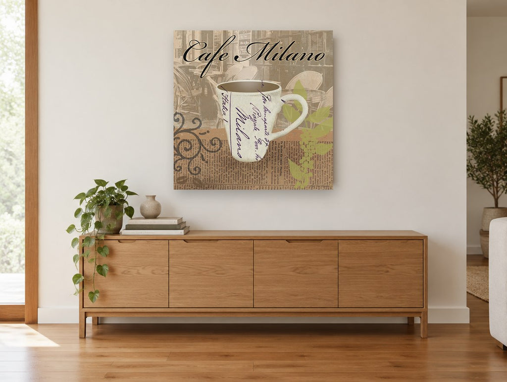 Milano Coffee Cup Collage floral canvas print on the wall of a living room above a sideboard