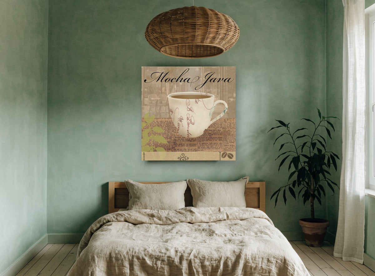Mocha Java Café Cup floral canvas print on the wall of a bedroom