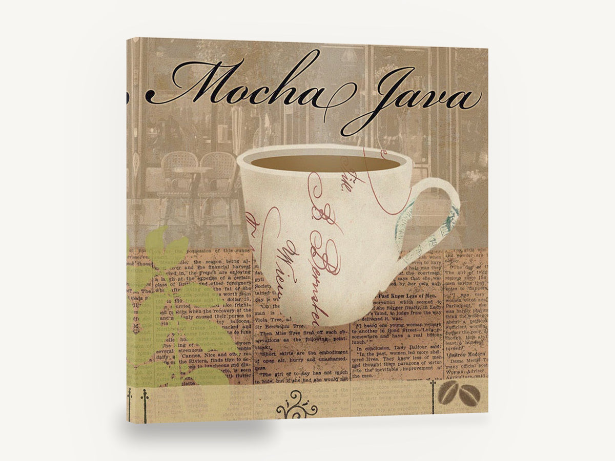 Mocha Java Café Cup, mocha java coffee cup typography, floral canvas wall art print ready to hang