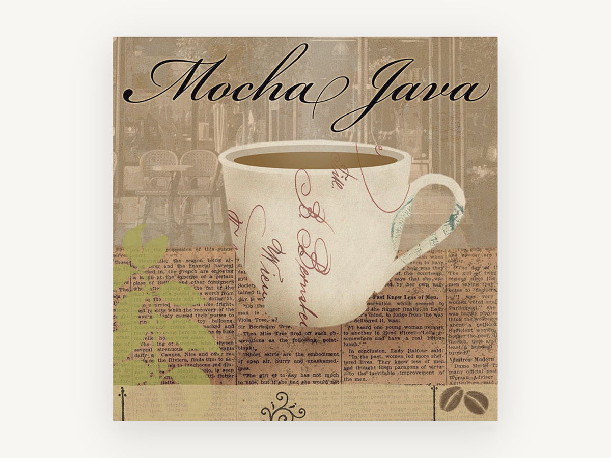 Mocha Java Café Cup, floral canvas wall art print, front view