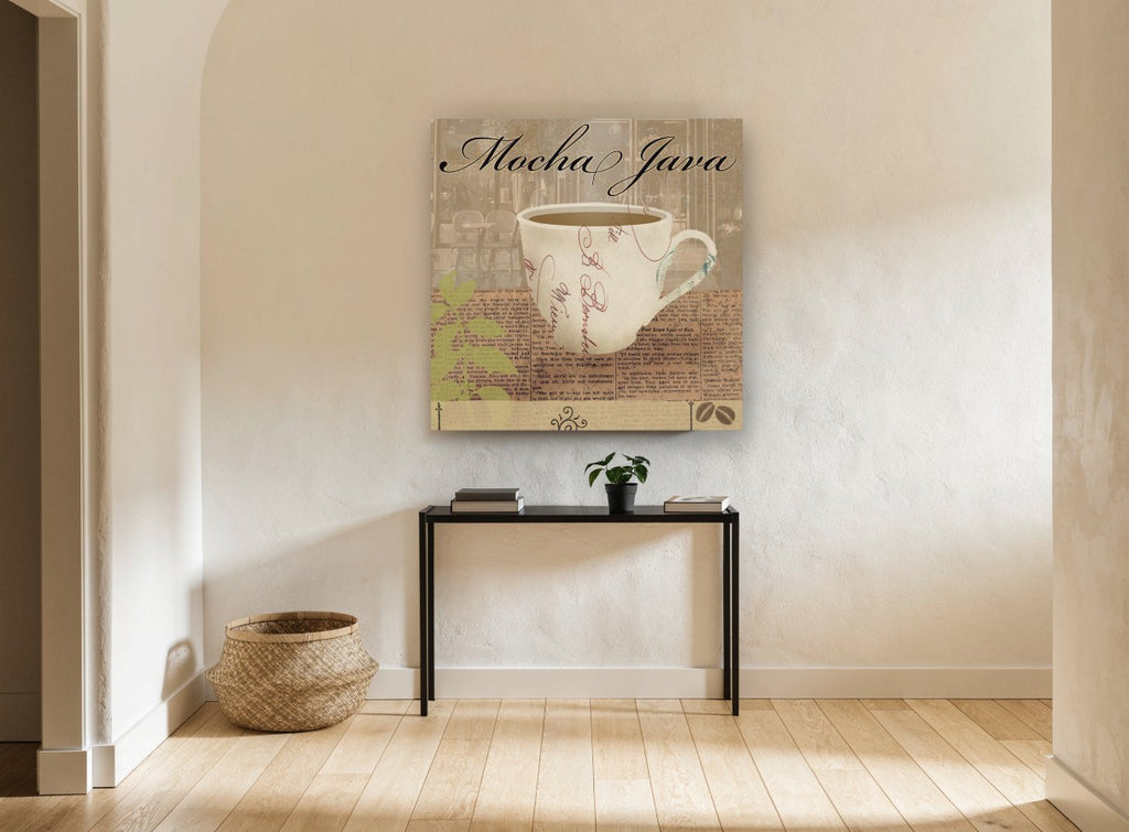 Mocha Java Café Cup floral canvas print on the wall of a hallway
