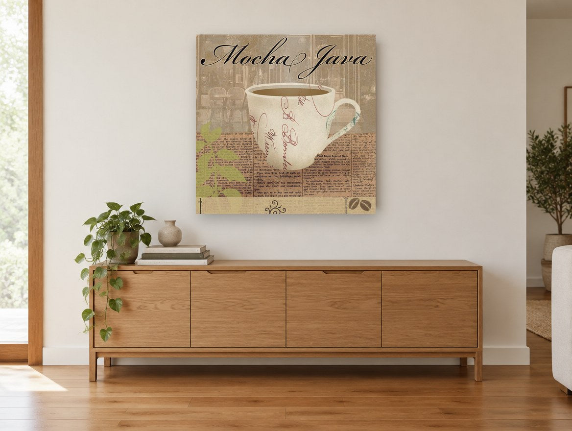 Mocha Java Café Cup floral canvas print on the wall of a living room above a sideboard