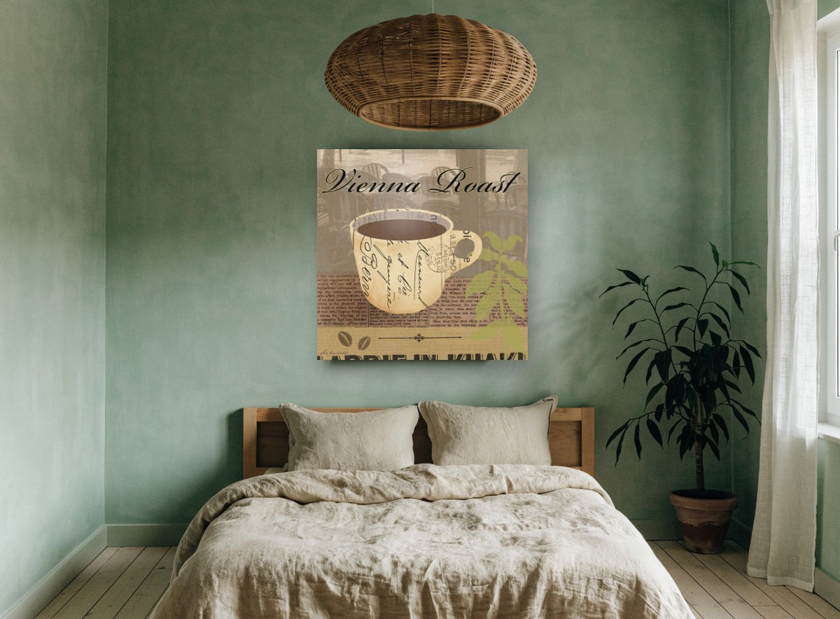 Vienna Roast Coffee Cup floral canvas print on the wall of a bedroom