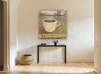Vienna Roast Coffee Cup floral canvas print on the wall of a hallway