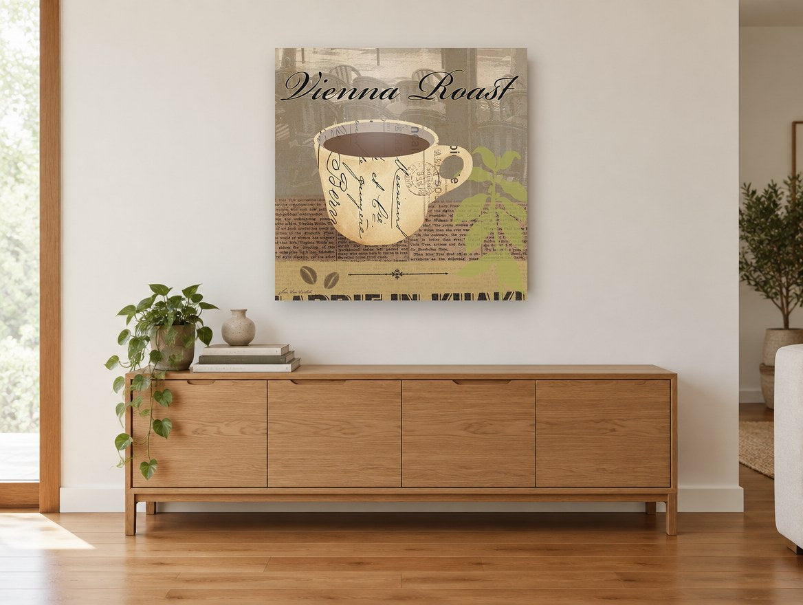 Vienna Roast Coffee Cup floral canvas print on the wall of a living room above a sideboard