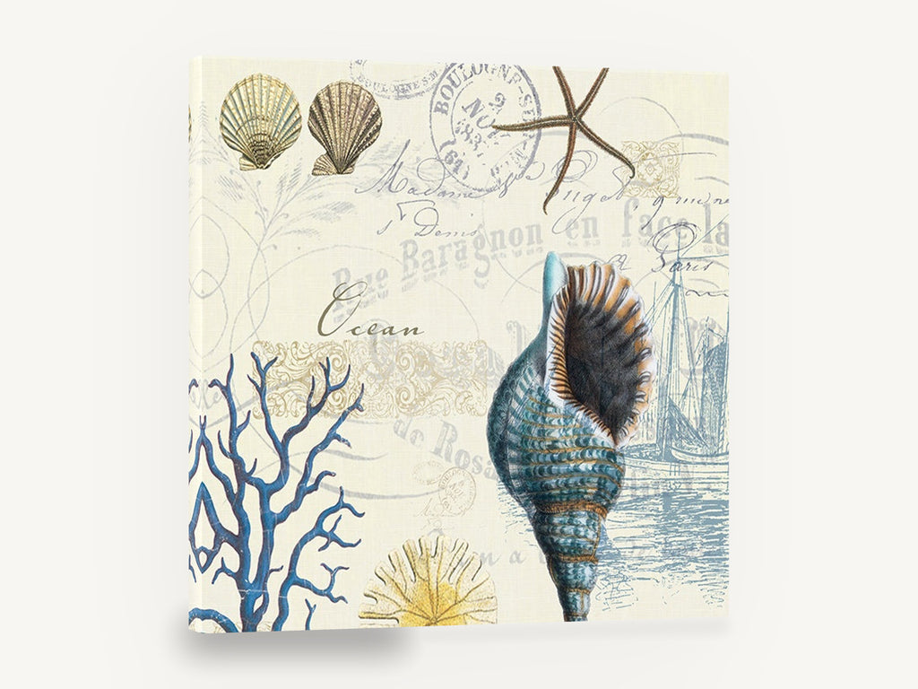 Seashells and Postmarks, vintage seashell collage coastal illustration, coastal canvas wall art print ready to hang