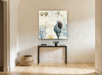 Seashells and Postmarks coastal canvas print on the wall of a hallway