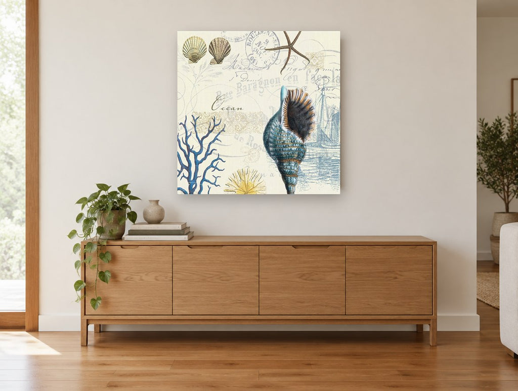 Seashells and Postmarks coastal canvas print on the wall of a living room above a sideboard