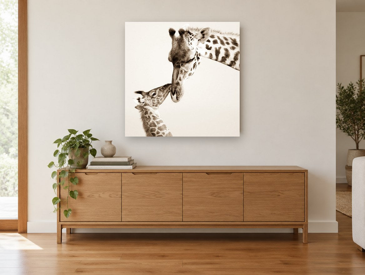 Giraffe Nuzzle animal canvas print on the wall of a living room above a sideboard