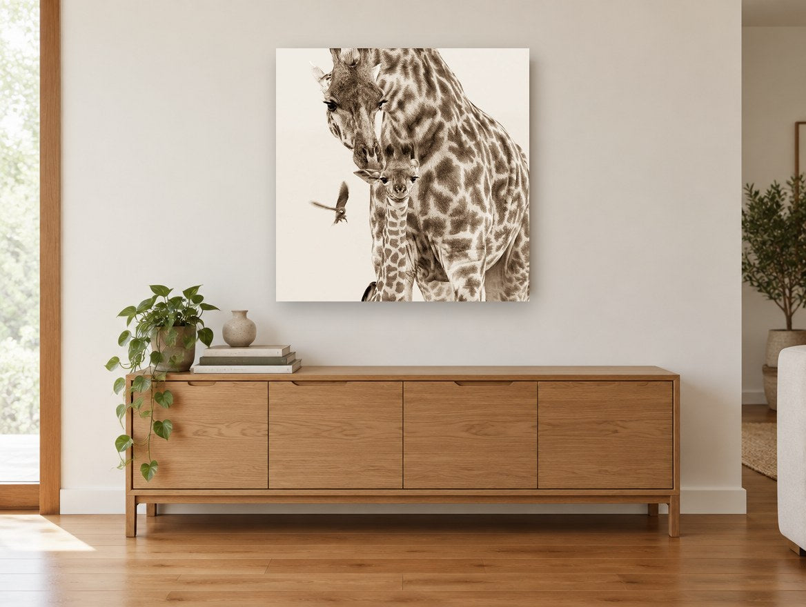Giraffe Mother and Calf animal canvas print on the wall of a living room above a sideboard