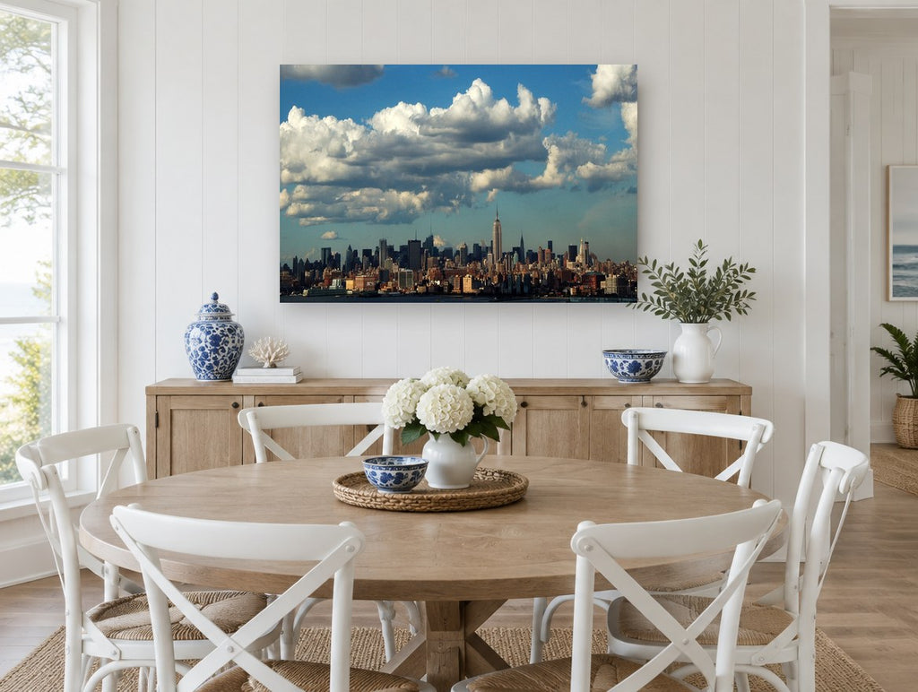 Manhattan Under Cumulus city canvas print on the wall of a Hamptons dining room