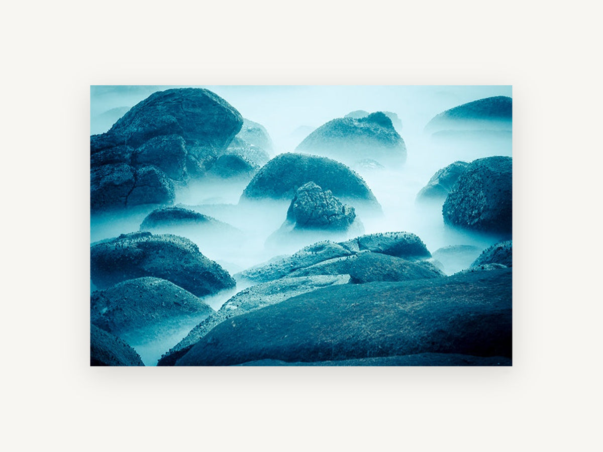Blue Mist Boulders, coastal canvas wall art print, front view