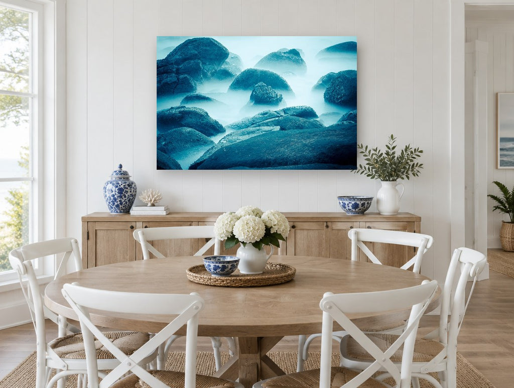 Blue Mist Boulders coastal canvas print on the wall of a Hamptons dining room