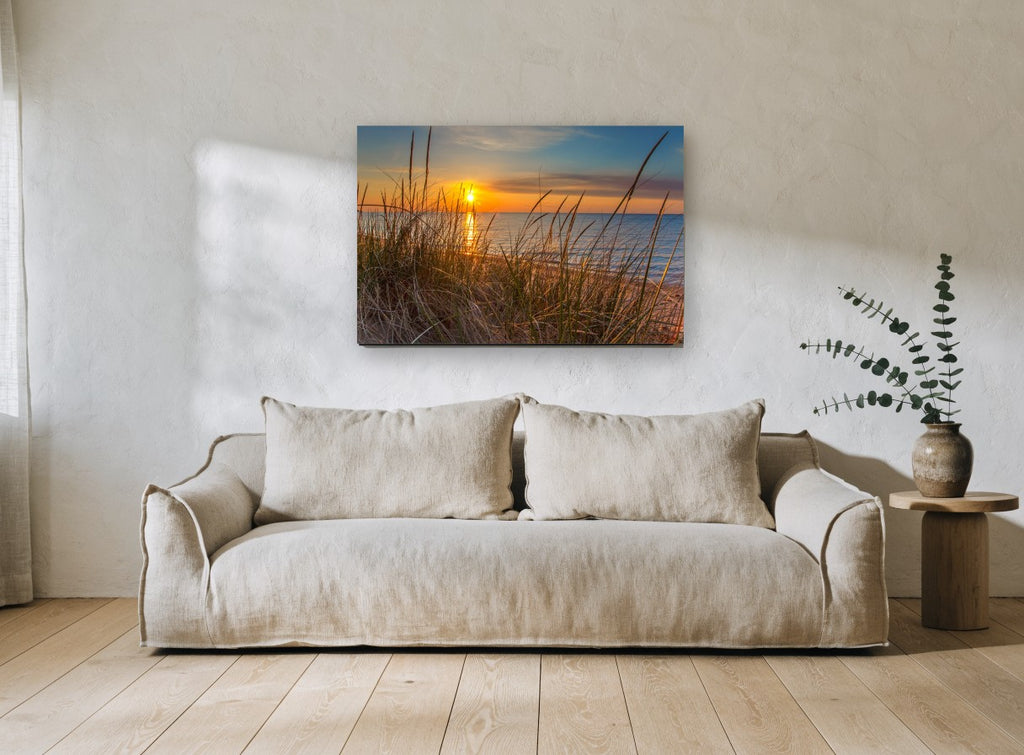 Dune Grass Sunrise coastal canvas print on the wall of a living room