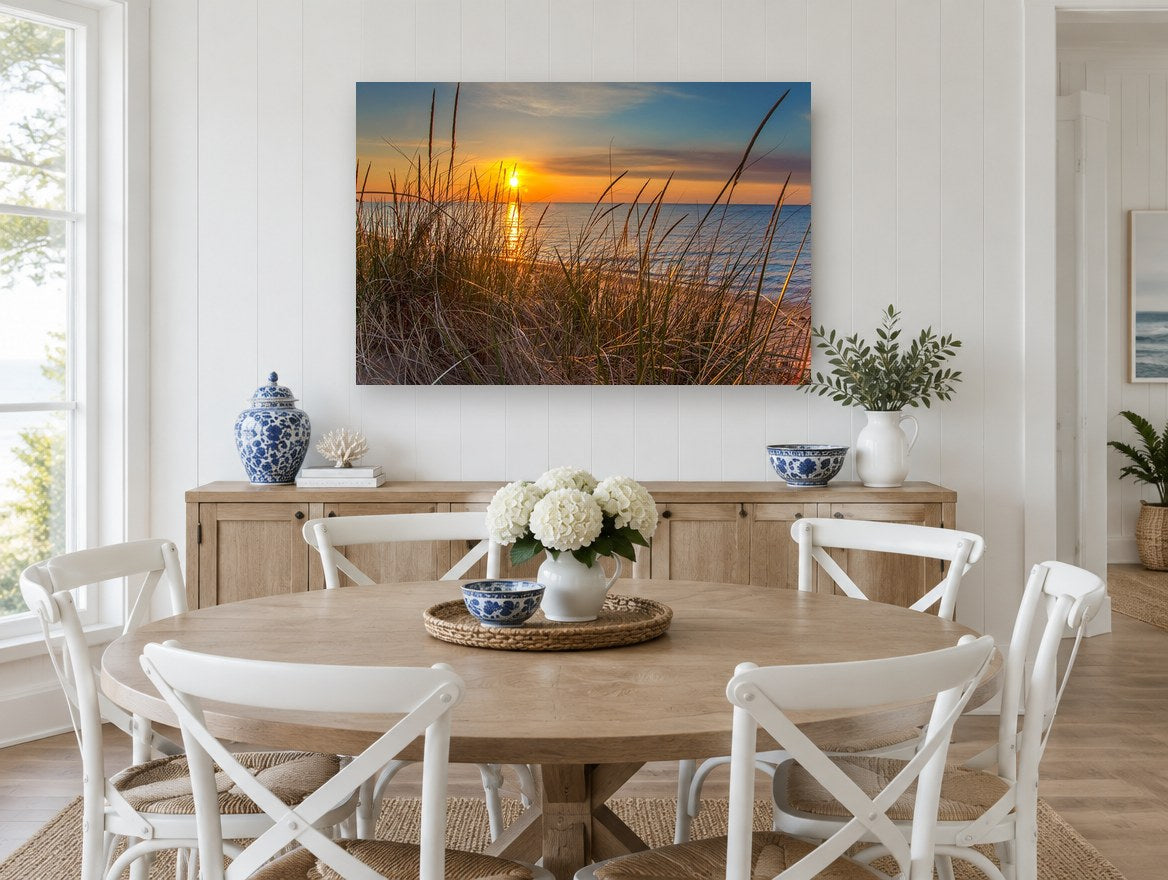 Dune Grass Sunrise coastal canvas print on the wall of a Hamptons dining room