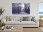 Frosted Forest Light landscape canvas print on the wall of a beach house living room