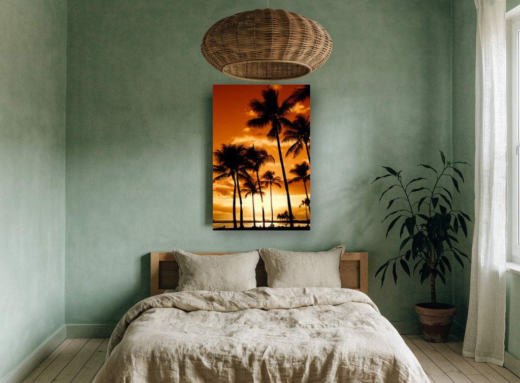 Golden Palm Horizon coastal canvas print on the wall of a bedroom