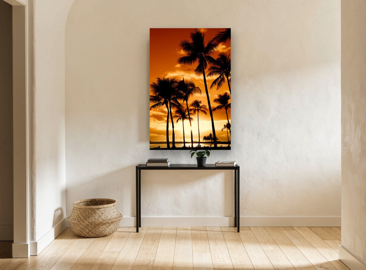 Golden Palm Horizon coastal canvas print on the wall of a hallway