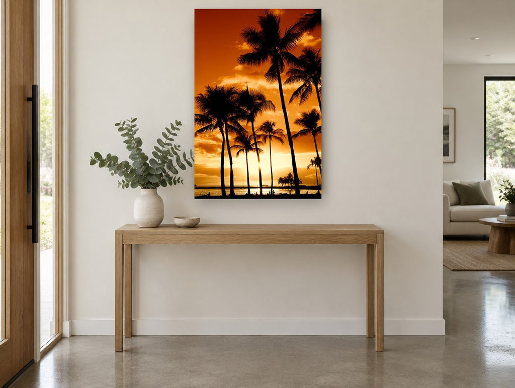 Golden Palm Horizon coastal canvas print on the wall of a entry hall