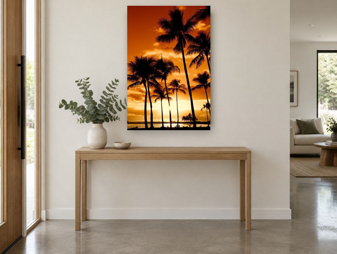 Golden Palm Horizon coastal canvas print on the wall of a entry hall