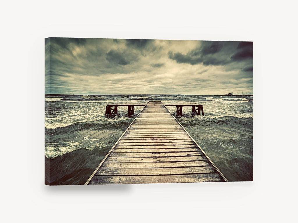 Storm Over the Jetty, old wooden jetty stormy sea photograph, coastal canvas wall art print ready to hang