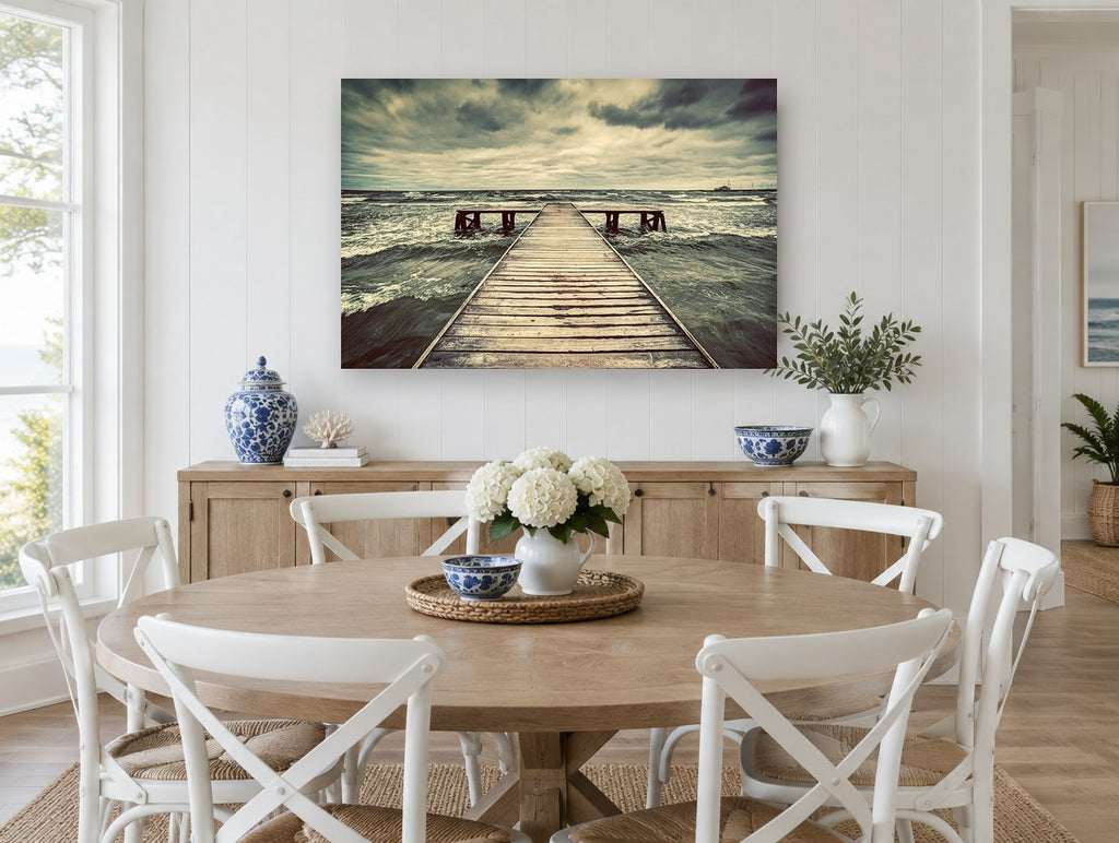 Storm Over the Jetty coastal canvas print on the wall of a Hamptons dining room