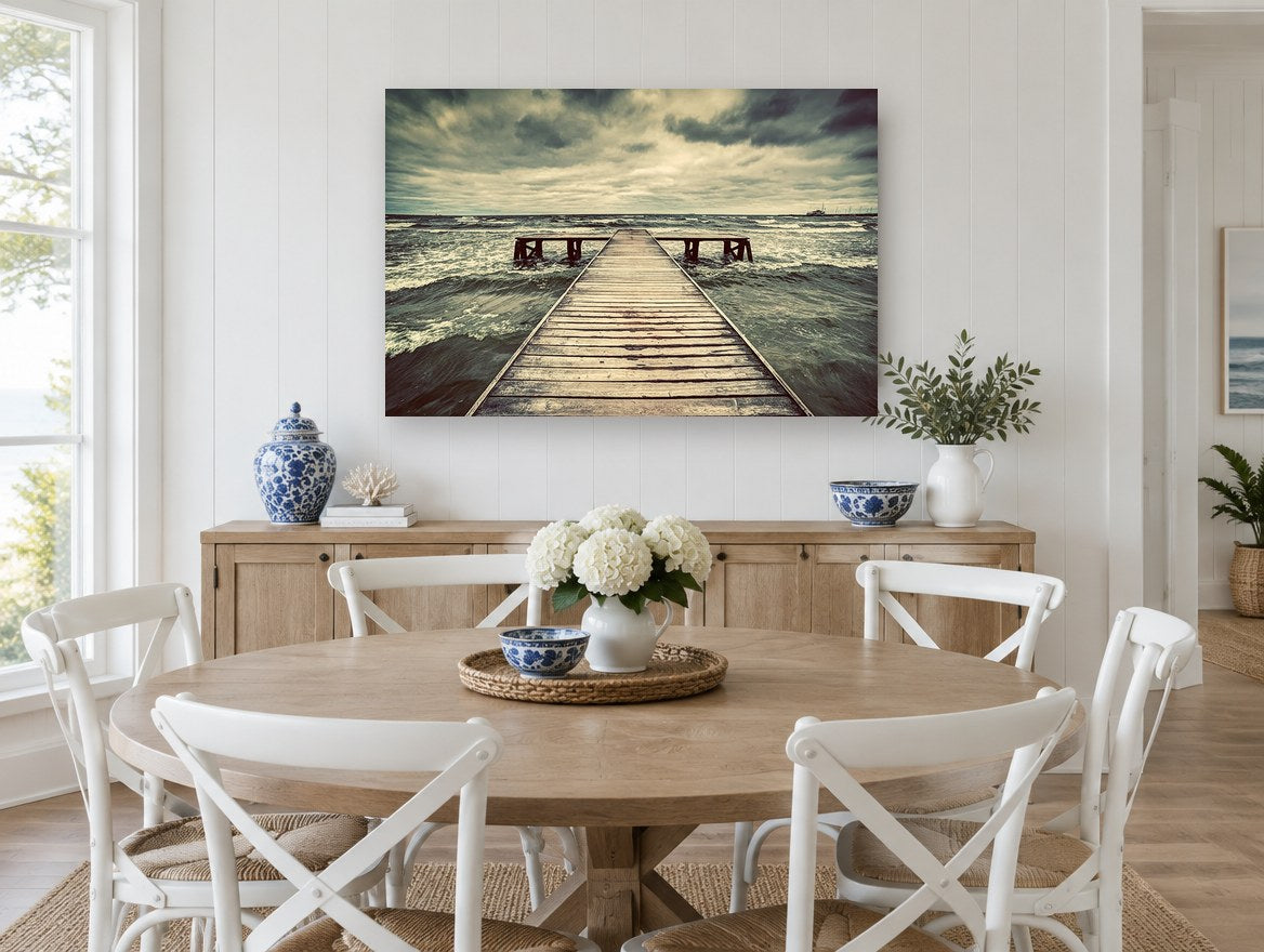 Storm Over the Jetty coastal canvas print on the wall of a Hamptons dining room