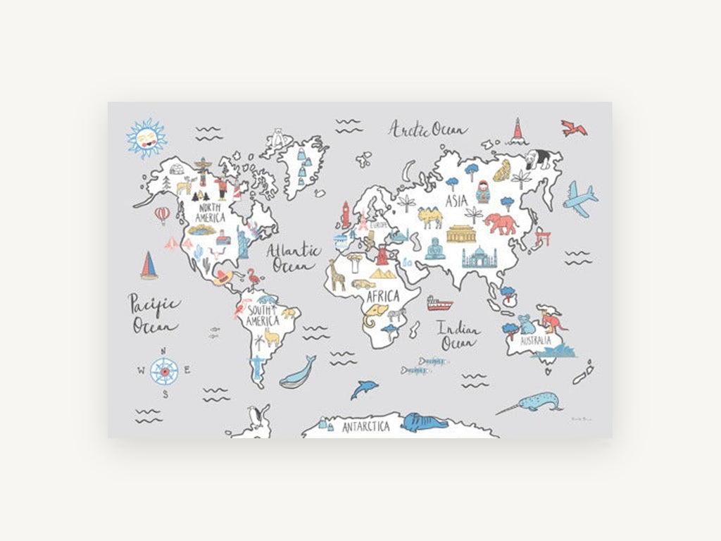 Little Explorer World Map, pastel illustrated kids world map, kids canvas wall art print, front view