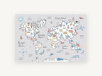 Little Explorer World Map, pastel illustrated kids world map, kids canvas wall art print, front view